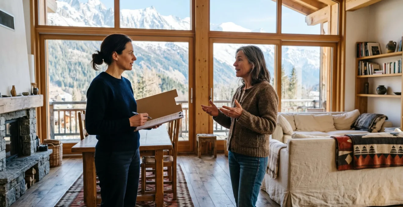 Propriétaire et locataire réalisant l'état des lieux de sortie d'un appartement de montagne avec checklist