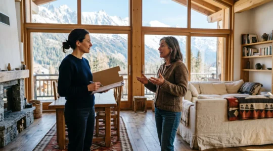 Propriétaire et locataire réalisant l'état des lieux de sortie d'un appartement de montagne avec checklist