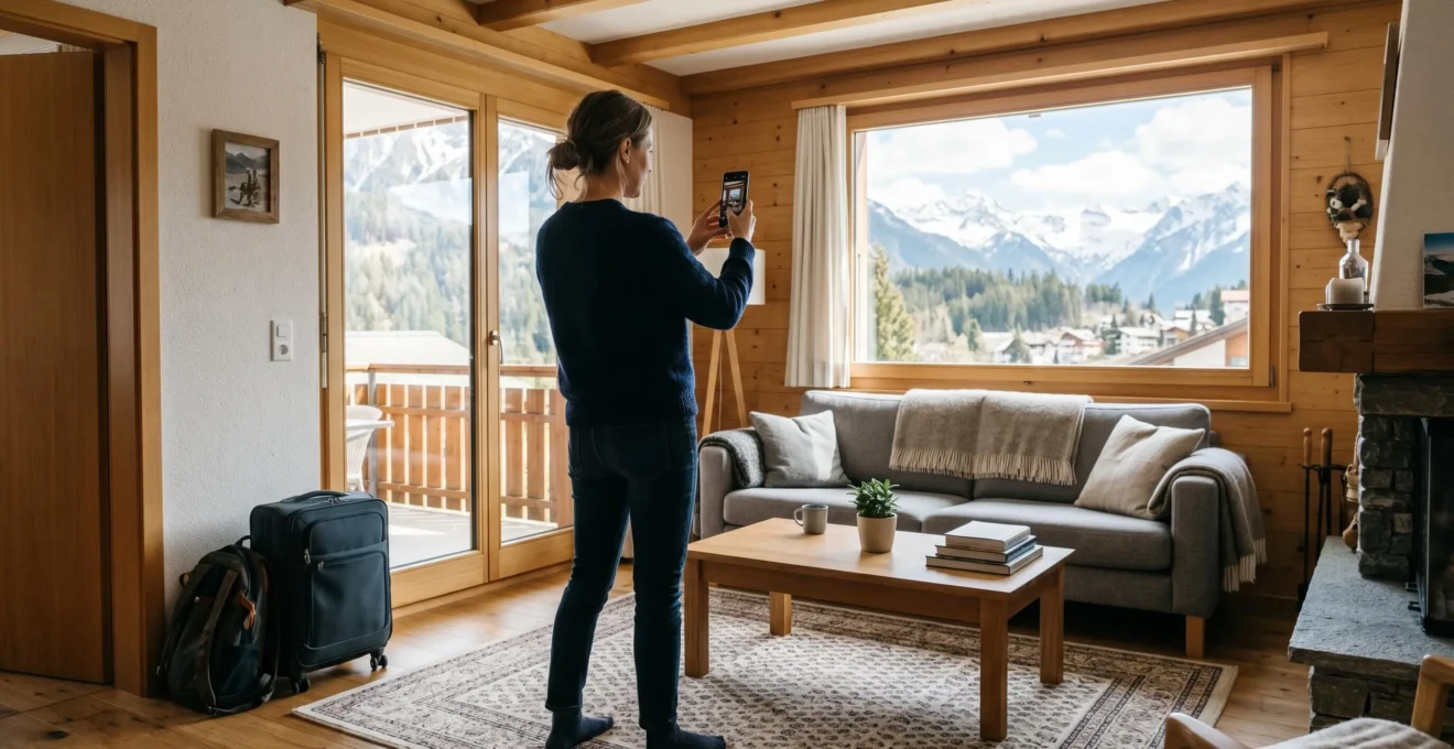 Locataire photographiant l'état d'une pièce avec son téléphone lors de la sortie d'un appartement de vacances