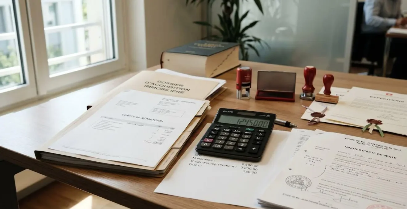 Bureau de notaire avec dossier d'achat immobilier, calculatrice et documents officiels montrant le détail des frais d'acquisition