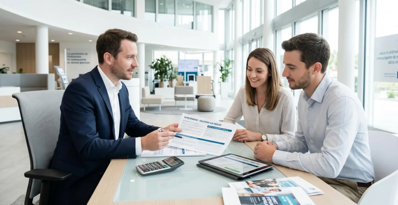 Conseiller bancaire présentant des documents de plan d'épargne logement à un couple dans une agence Banque Populaire moderne avec calculatrices et écrans de simulation