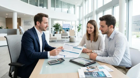 Conseiller bancaire présentant des documents de plan d'épargne logement à un couple dans une agence Banque Populaire moderne avec calculatrices et écrans de simulation