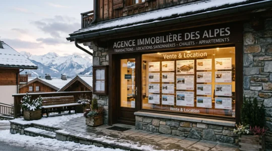 Façade d'une agence immobilière dans une station alpine de Haute-Savoie, vitrine affichant des annonces de biens montagne, architecture traditionnelle bois et pierre, contexte hivernal avec sommets enneigés en arrière-plan