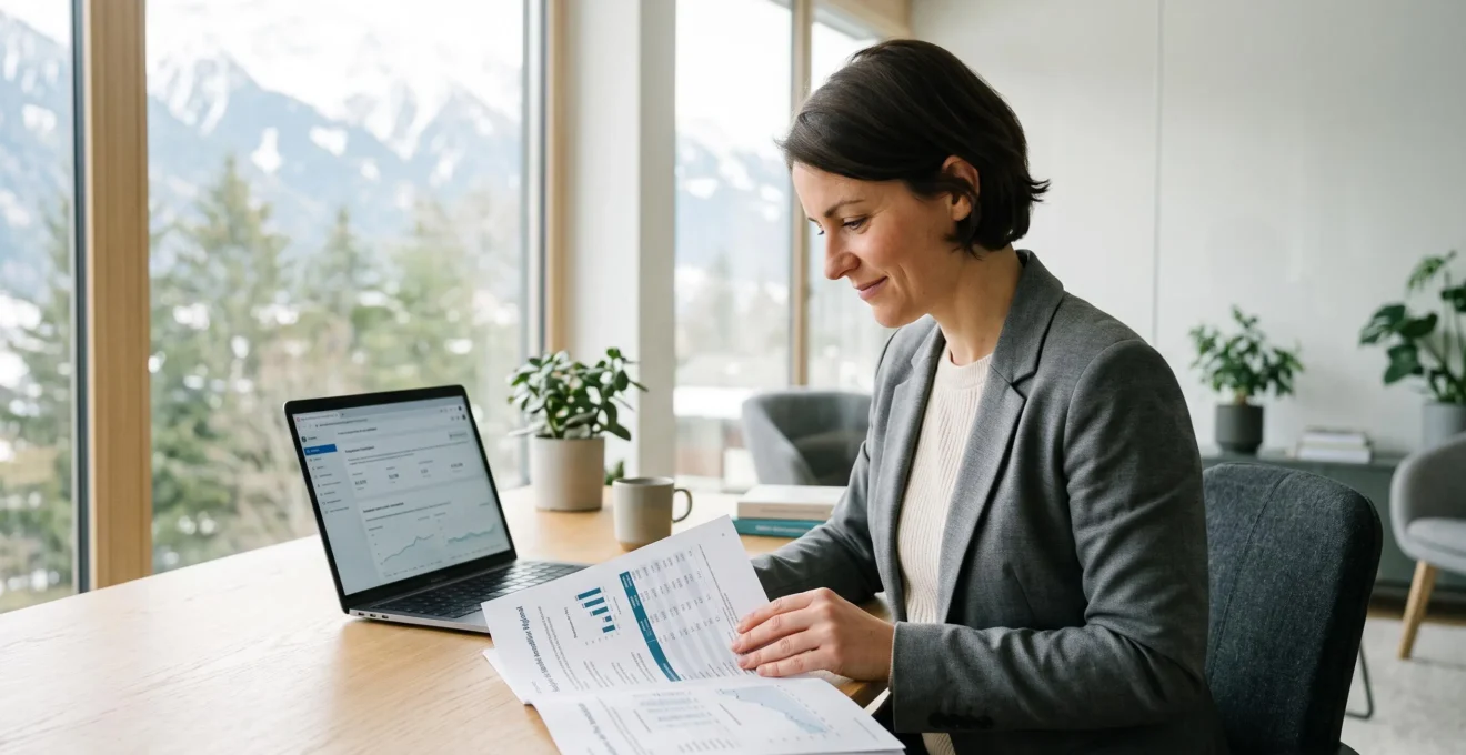 Professionnel de l'immobilier consultant un rapport d'analyse de marché immobilier dans un bureau d'agence avec vue montagne en arrière-plan