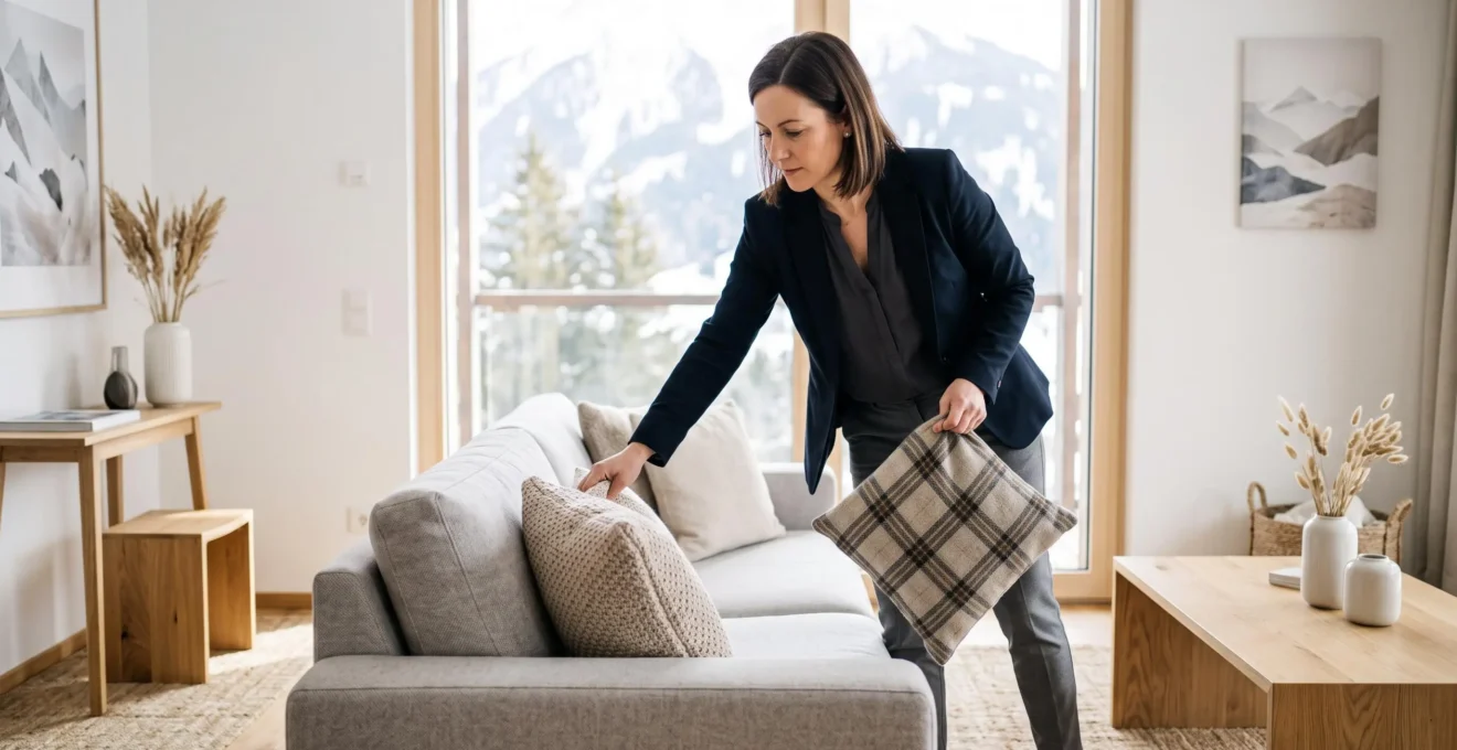 Professionnelle de conciergerie préparant l'intérieur d'un appartement de montagne contemporain pour location saisonnière, vue montagne enneigée par baie vitrée