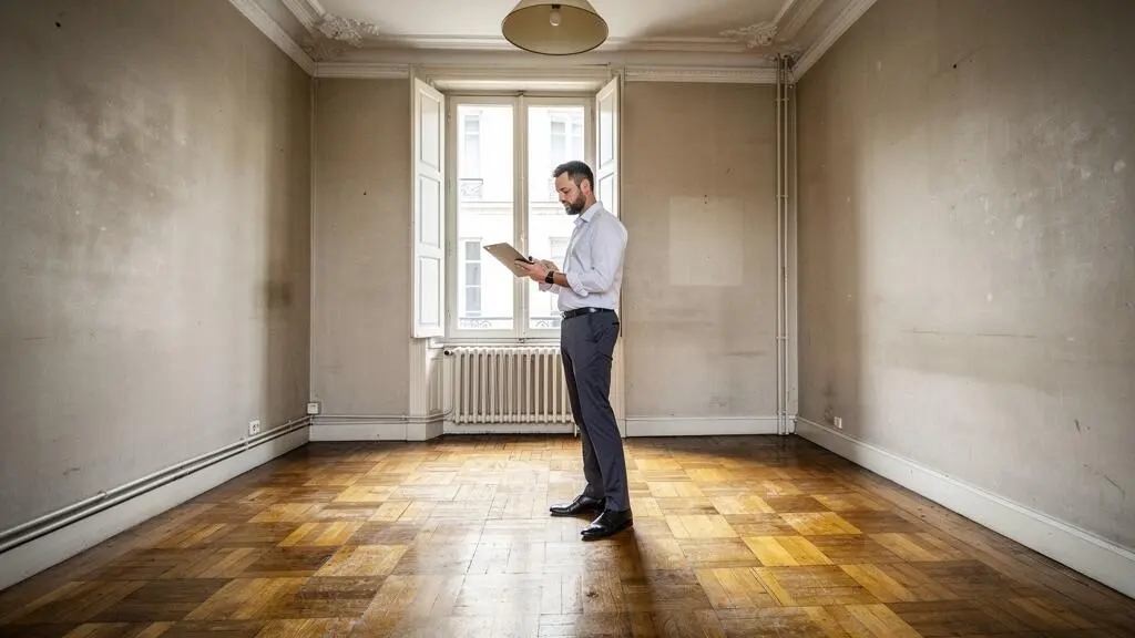 Agent immobilier évaluant l'état d'un appartement français non rénové présentant des signes de vieillissement intérieur