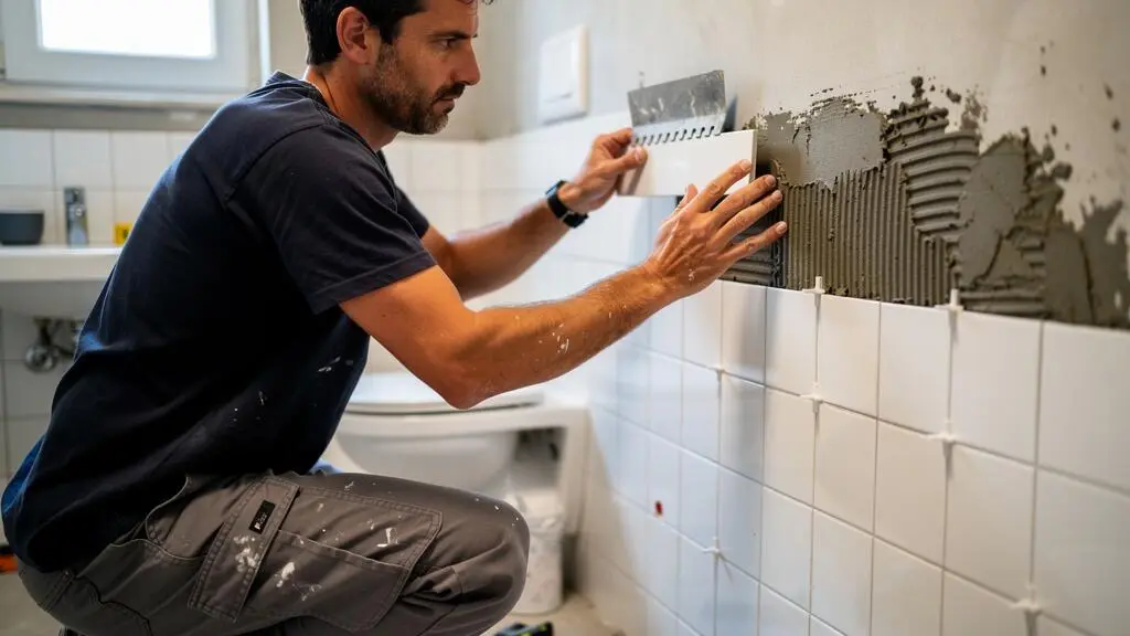 Carreleur installant des carreaux de céramique blancs sur un mur de salle de bain pendant une rénovation d'appartement