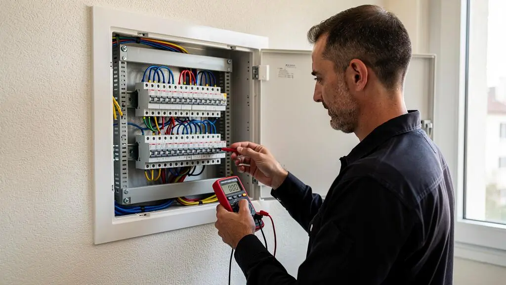Électricien inspectant un tableau électrique avec un multimètre dans un appartement résidentiel français