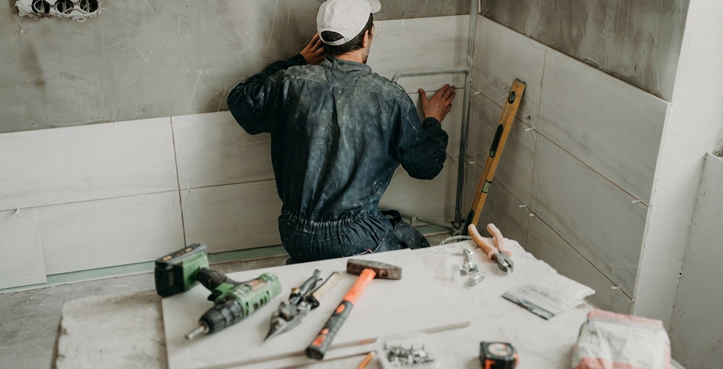 Carreleur installant des carreaux de céramique blancs sur un mur de salle de bain pendant une rénovation d'appartement