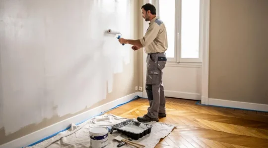 Peintre professionnel appliquant de la peinture blanche fraîche sur un mur intérieur d'un appartement français