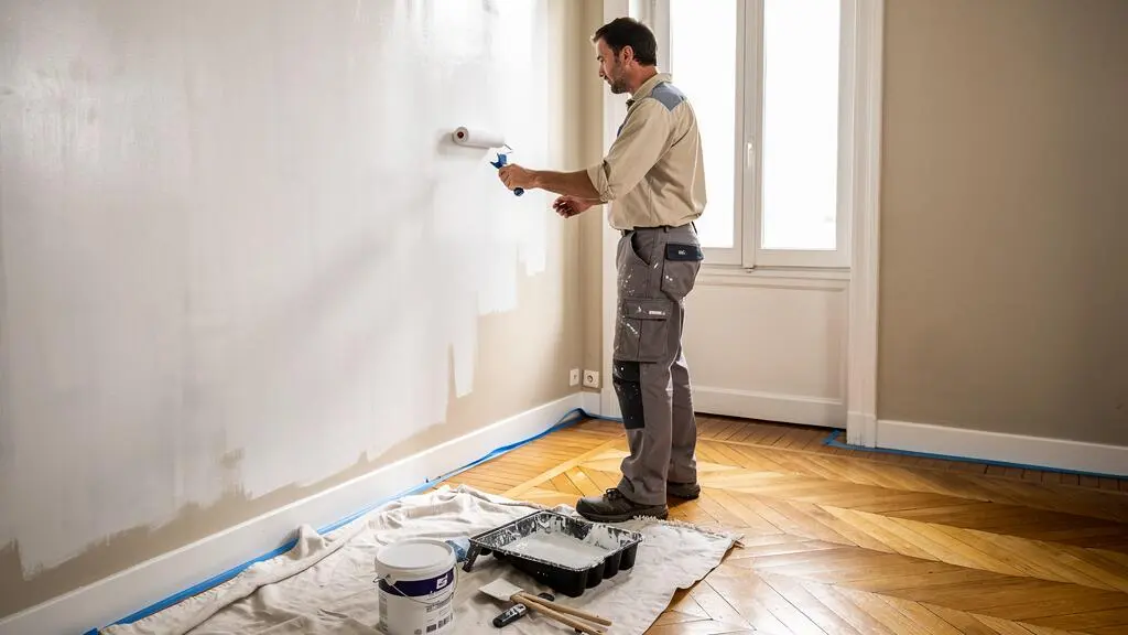 Peintre professionnel appliquant de la peinture blanche fraîche sur un mur intérieur d'un appartement français