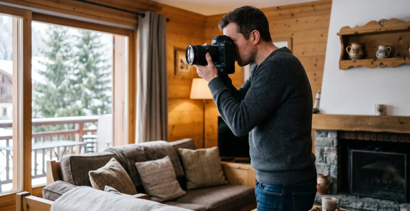Propriétaire photographiant l'intérieur de son appartement de location aux Gets avec un appareil photo professionnel