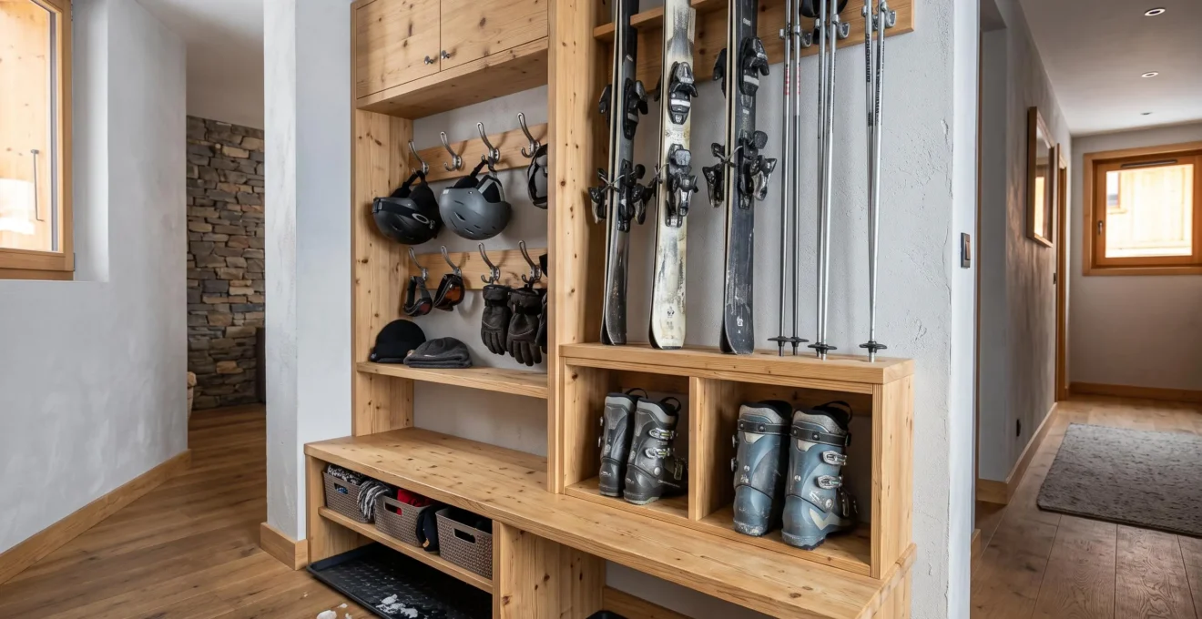 Rangement mural organisé pour skis et équipement de montagne dans un appartement de location aux Gets