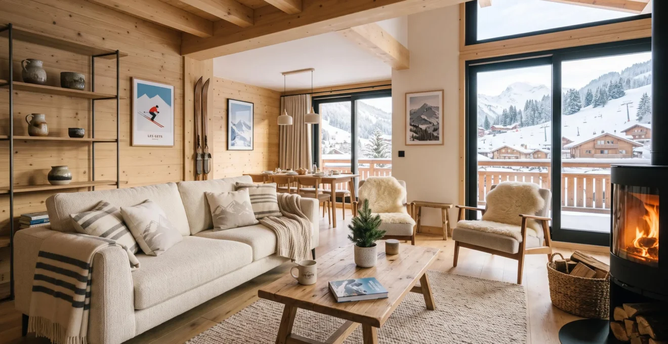 Séjour lumineux d'un appartement de location aux Gets avec décoration montagnarde contemporaine et vue sur les Alpes