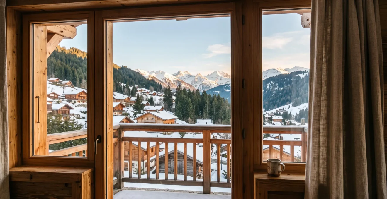 Vue depuis la fenêtre d'un appartement aux Gets sur les montagnes alpines et le village savoyard