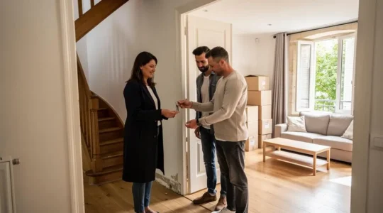 Un agent immobilier remet un trousseau de clés à un couple dans l'entrée lumineuse d'une maison française, avec des cartons de déménagement contre le mur.