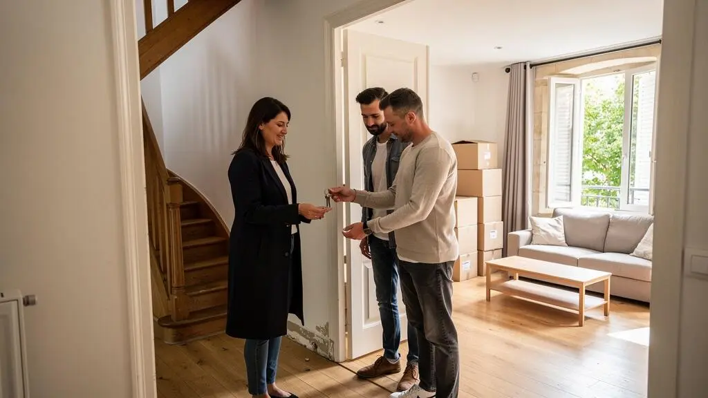 Un agent immobilier remet un trousseau de clés à un couple dans l'entrée lumineuse d'une maison française, avec des cartons de déménagement contre le mur.
