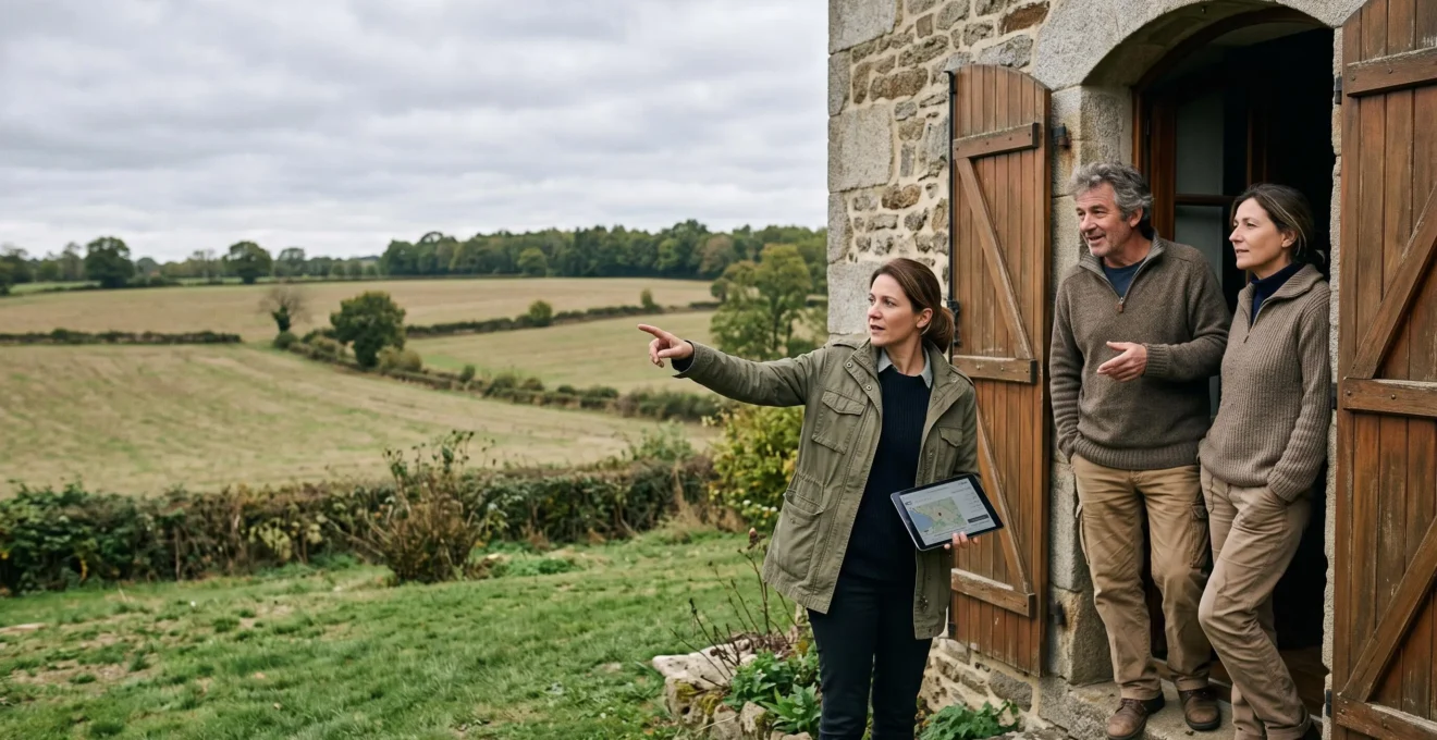 Un agent immobilier discutant avec un couple propriétaire devant leur maison en pierre, désignant le grand terrain rural derrière la propriété.