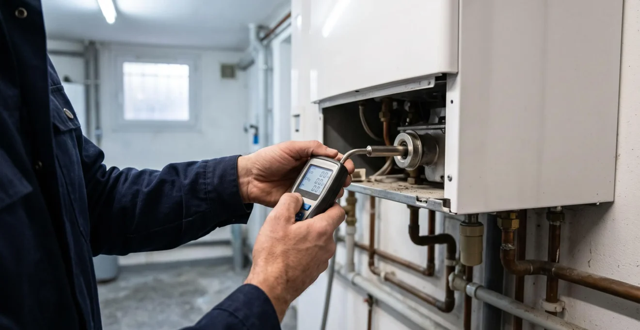 Un diagnostiqueur introduit la sonde d'un analyseur de combustion dans une chaudière murale lors d'un contrôle.