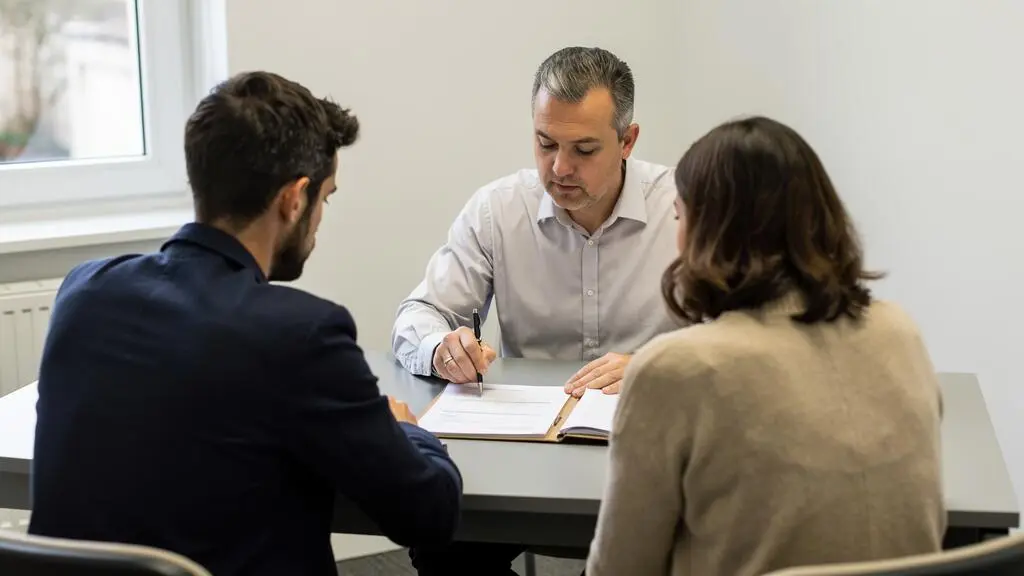 Un conseiller bancaire et un couple examinent ensemble un dossier de demande de prêt posé sur un bureau dans une salle de rendez-vous.