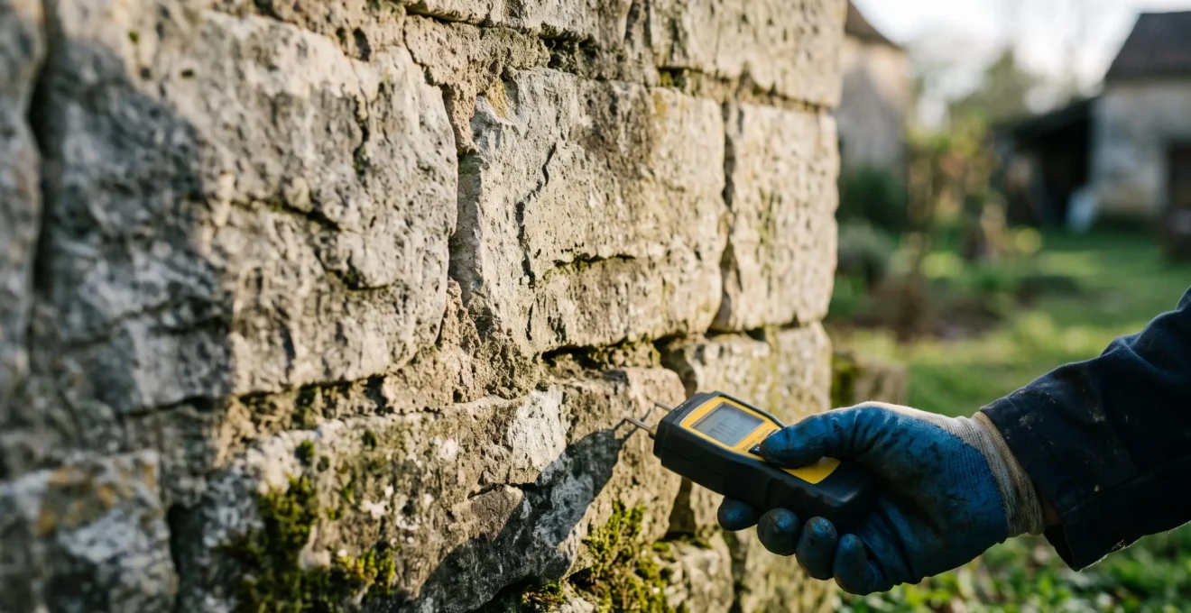 Un détecteur d'humidité appliqué contre la base d'un mur en pierre fissuré d'une ferme rurale.