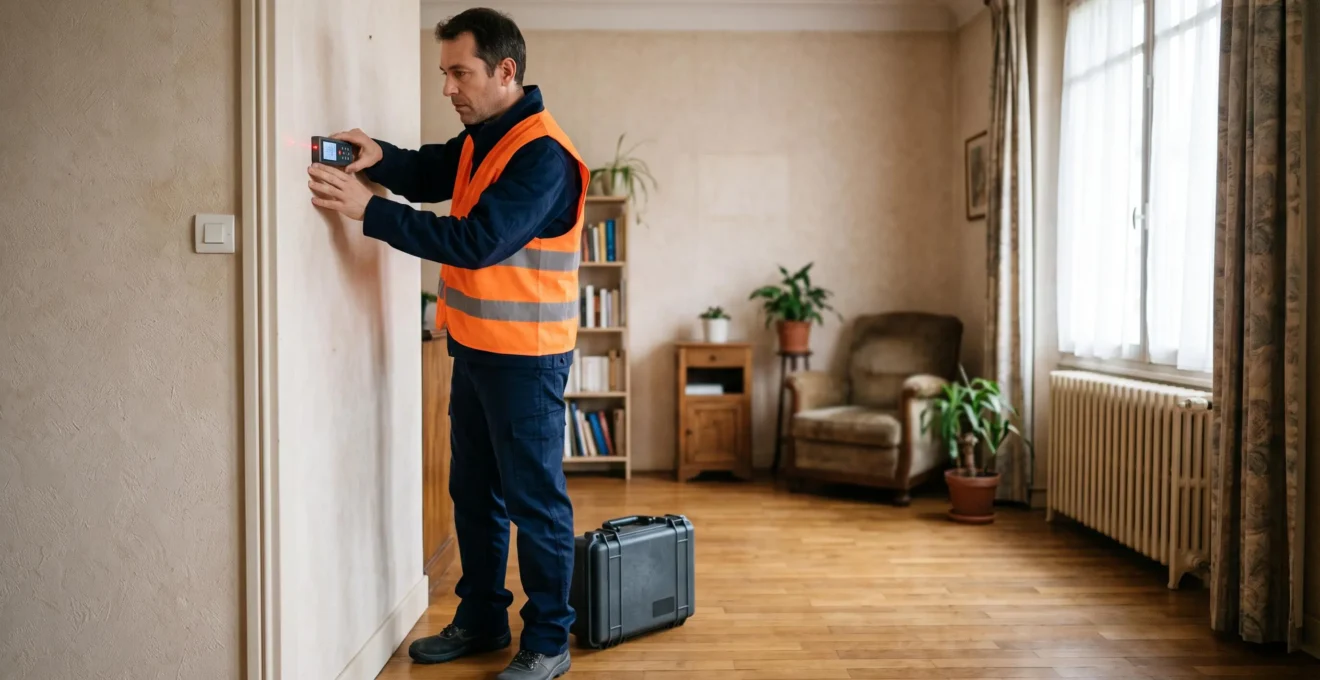 Un diagnostiqueur mesure la surface d'un mur avec un télémètre laser dans un logement en cours d'inspection énergétique.