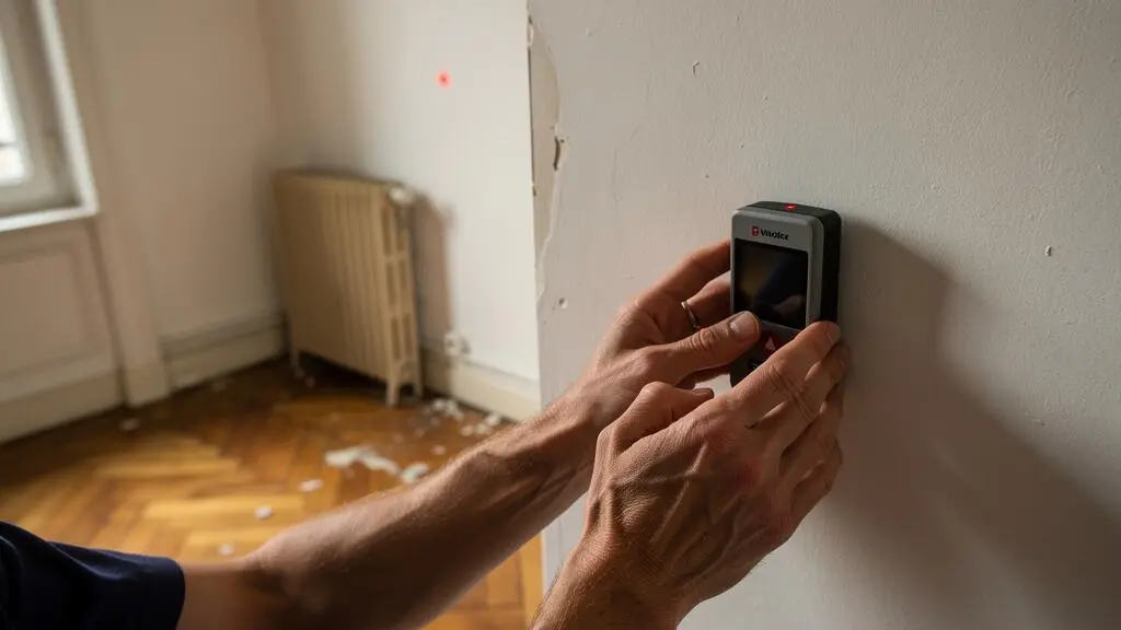 Les mains d'une personne mesurent un mur avec un télémètre laser dans un appartement vide aux sols en parquet.