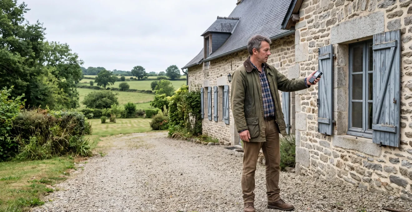 Un expert immobilier mesure la façade d'une maison en pierre avec un télémètre laser, devant un grand terrain rural dans le Limousin.