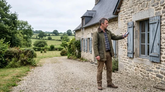 Un expert immobilier mesure la façade d'une maison en pierre avec un télémètre laser, devant un grand terrain rural dans le Limousin.