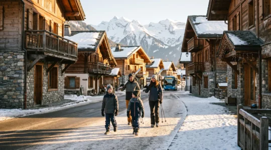 Une famille marche à pied dans la rue piétonne du village de Châtel entourée de chalets en bois et de montagnes enneigées.