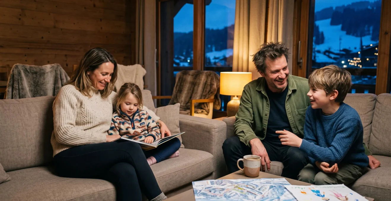 Famille avec enfants se détendant dans le salon d'un appartement de location aux Gets après une journée de ski