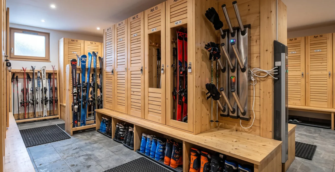 Local à ski équipé avec rangements individuels, matériel de ski et sèche-chaussures dans un immeuble de location aux Gets