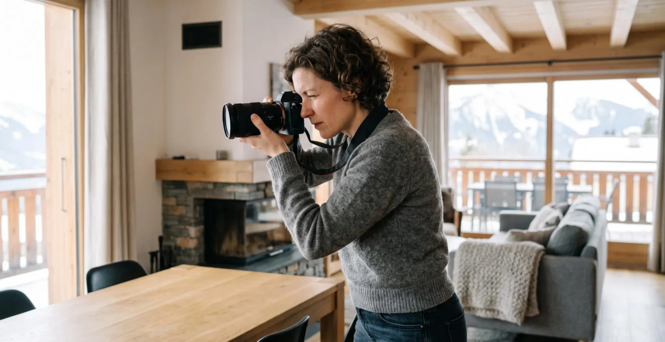 Propriétaire photographiant l'intérieur de son appartement de location de montagne avec un appareil photo professionnel