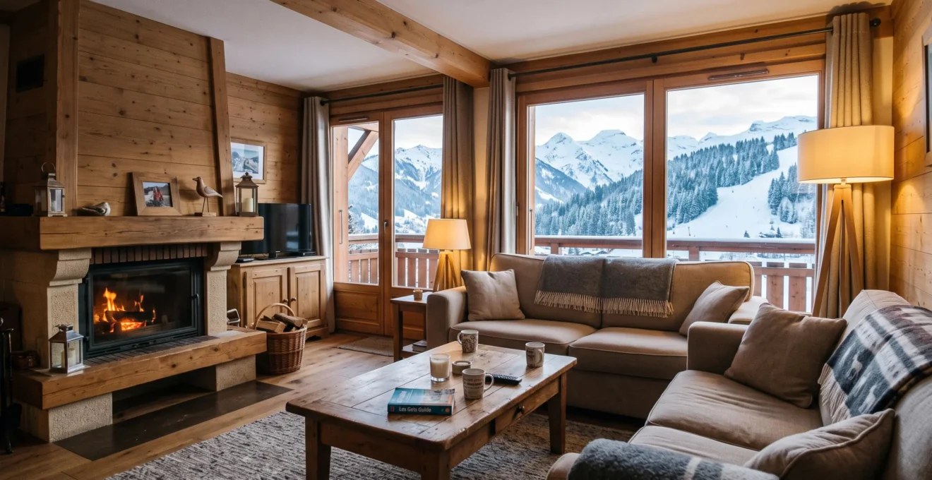 Salon chaleureux d'un appartement de location aux Gets avec vue sur les montagnes enneigées