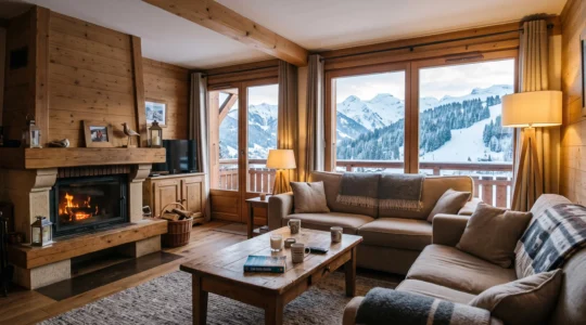 Salon chaleureux d'un appartement de location aux Gets avec vue sur les montagnes enneigées
